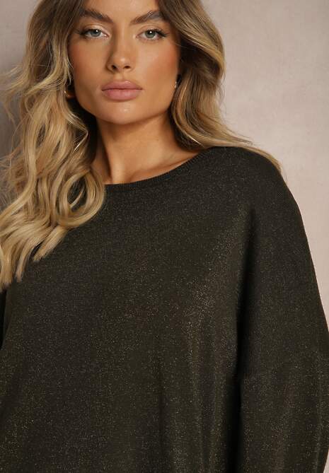 Zielona Sukienka z Wiskozą o Pudełkowym Kroju z Metaliczną Nicią i Szerokimi Rękawami Arkina