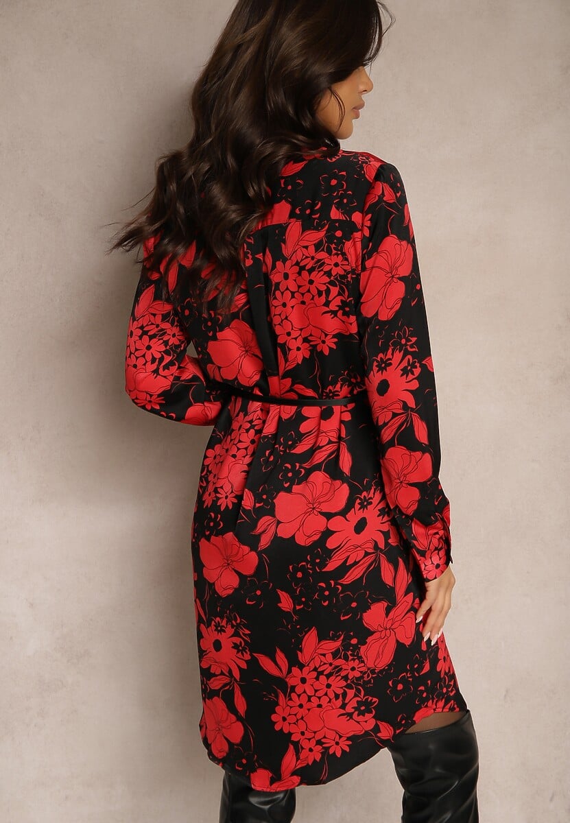 Czarno-Czerwona Wzorzysta Sukienka z Wiskozą o Koszulowym Kroju z Paskiem Ninnoria