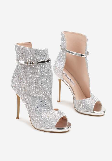Srebrne Asymetryczne Sandały na Szpilce Ozdobione Cyrkoniami Selamin