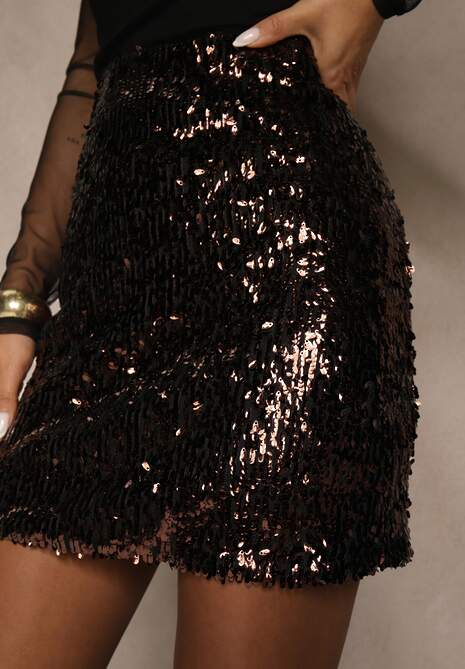 Ciemnobrązowa Cekinowa Dopasowana Spódnica Vetizine