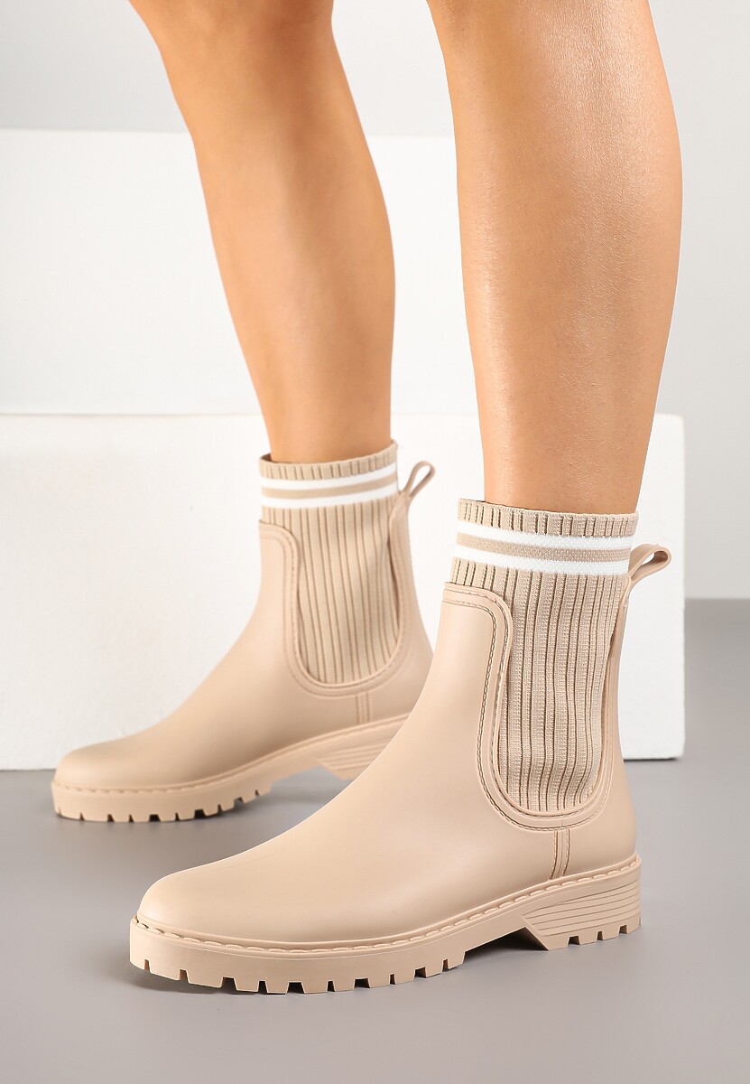 Beżowe Kalosze z Prążkowaną Skarpetkową Cholewką Lanavessa
