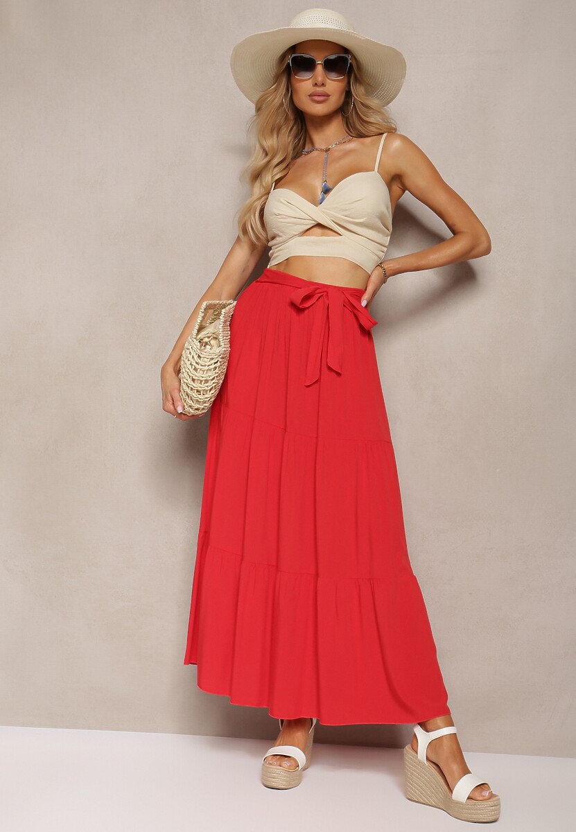 Czerwona Rozkloszowana Spódnica Maxi z Wiskozy z Materiałowymi Paskami Wintelis