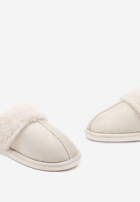 Beżowe Wsuwane Kapcie Ozdobione Futerkiem i Przeszyciami Almane