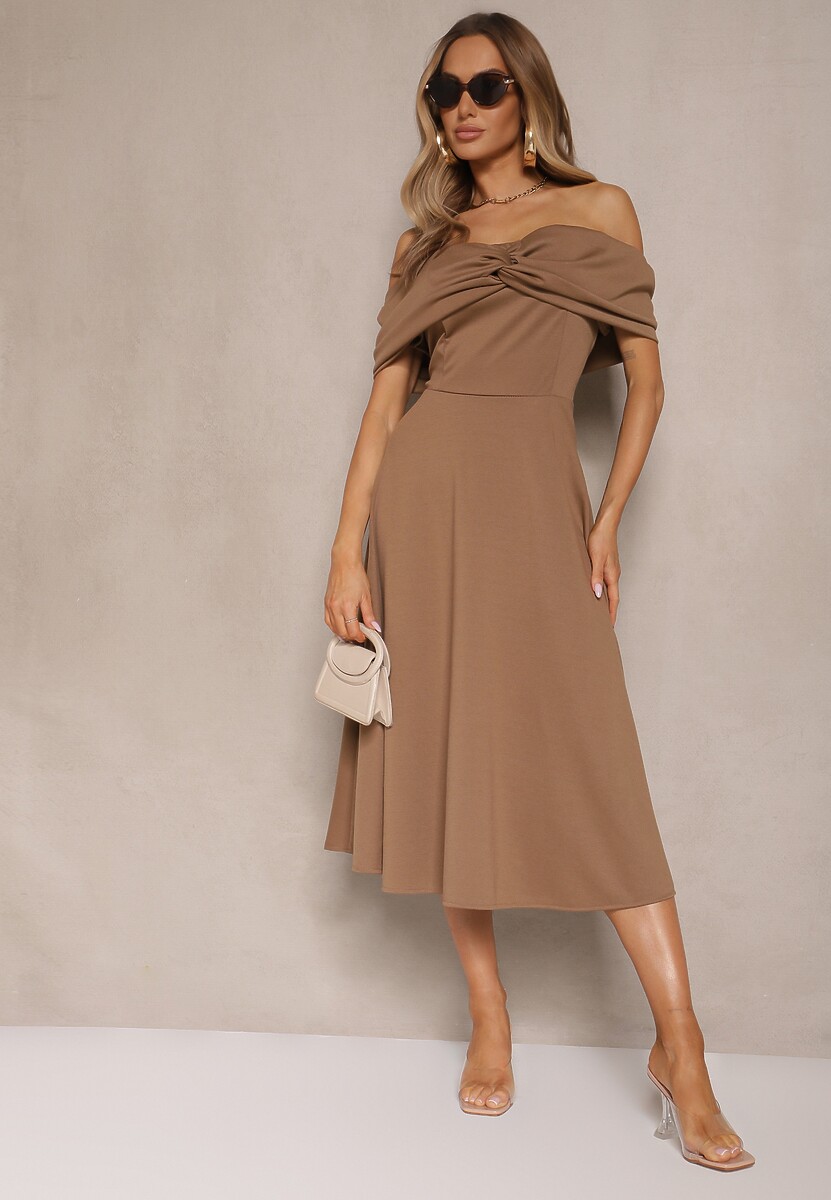 Brązowa Sukienka Rozkloszowana Ozdobiona Kokardą Odarra