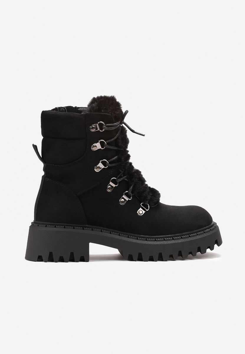 Czarne Traperki z Imitacji Zamszu ze Sznurowaniem i Futerkiem Cynthara