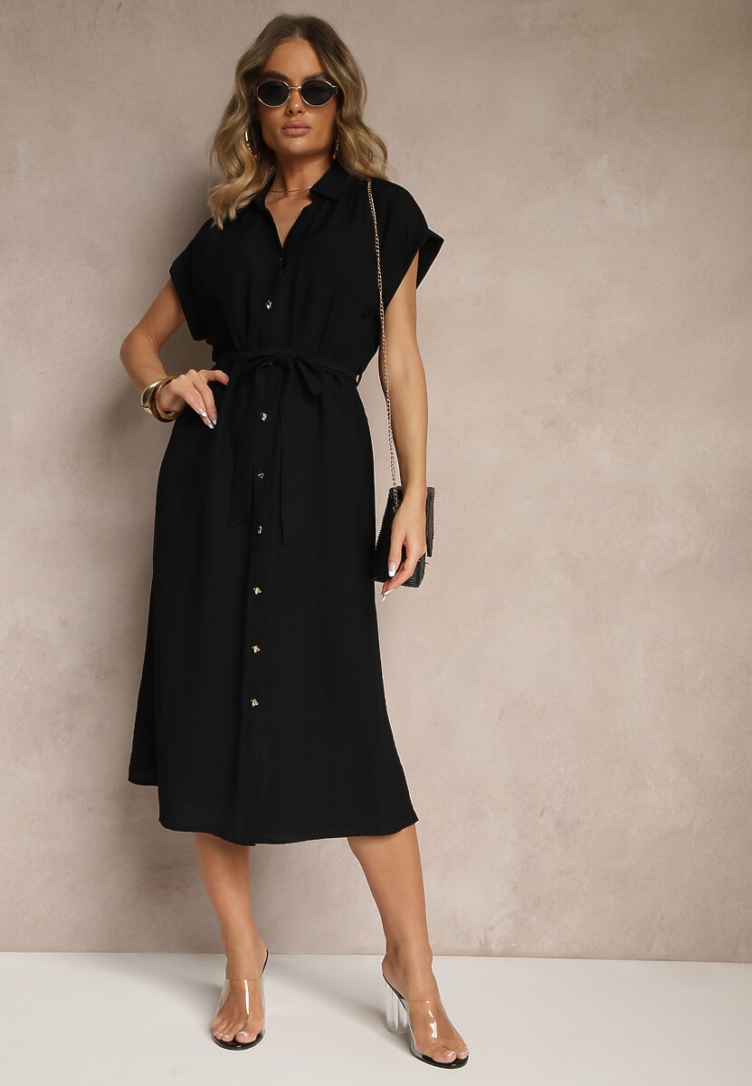 Czarna Koszulowa Sukienka z Wiskozy Ozdobiona Paskiem Rinalitia