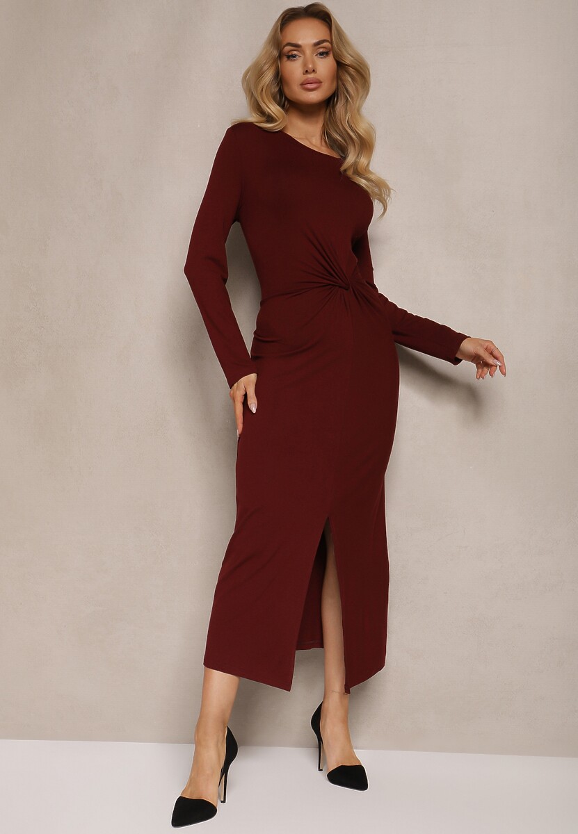 Bordowa Sukienka z Ozdobnym Wycięciem i Wiązaniem Zeiini