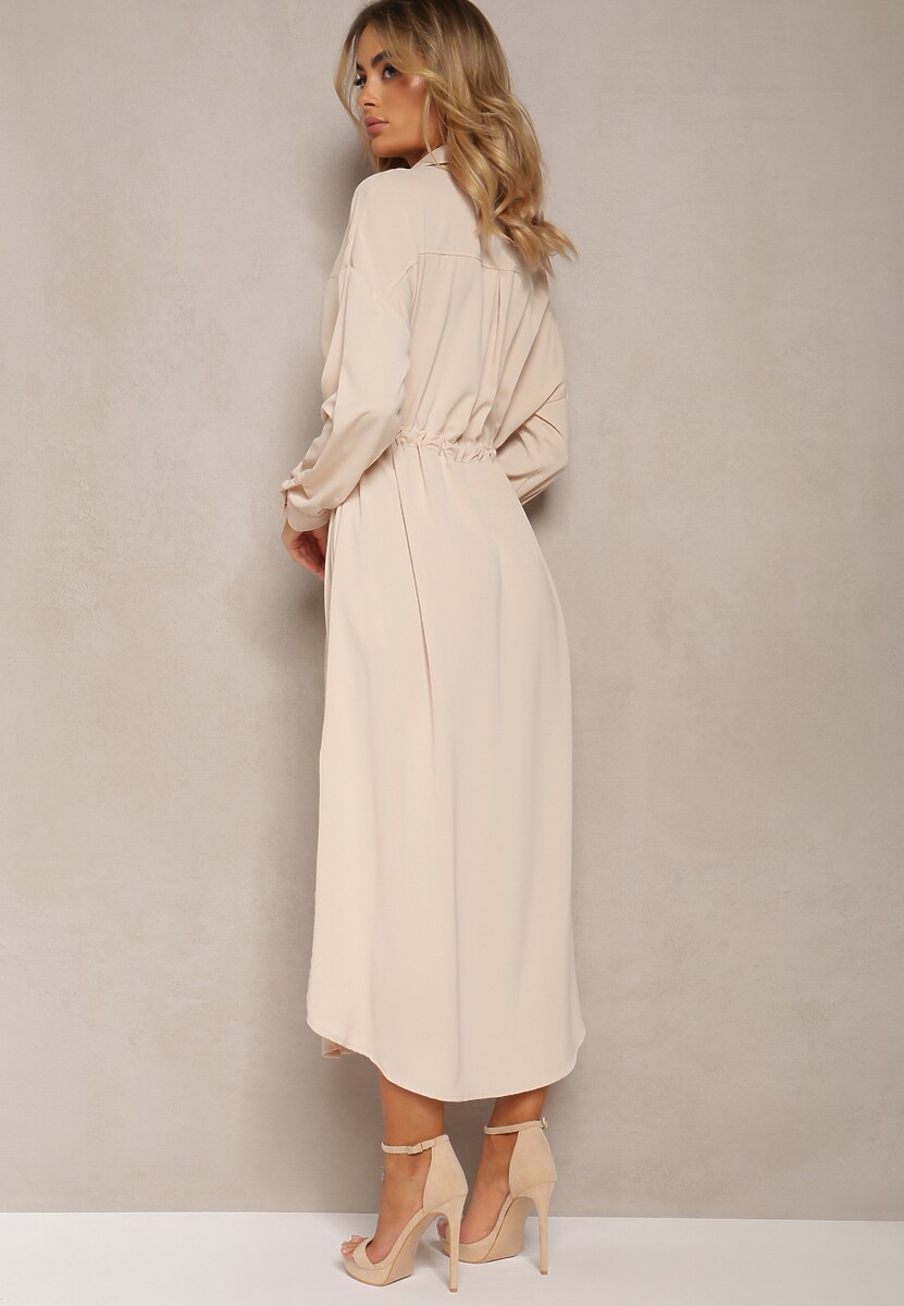 Beżowa Sukienka o Koszulowym Fasonie z Elastycznym Troczkiem w Talii Verulea