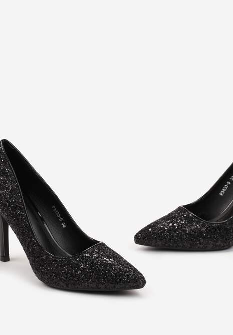 Czarne Błyszczące Szpilki z Noskiem w Szpic i Kryształkami Mirar