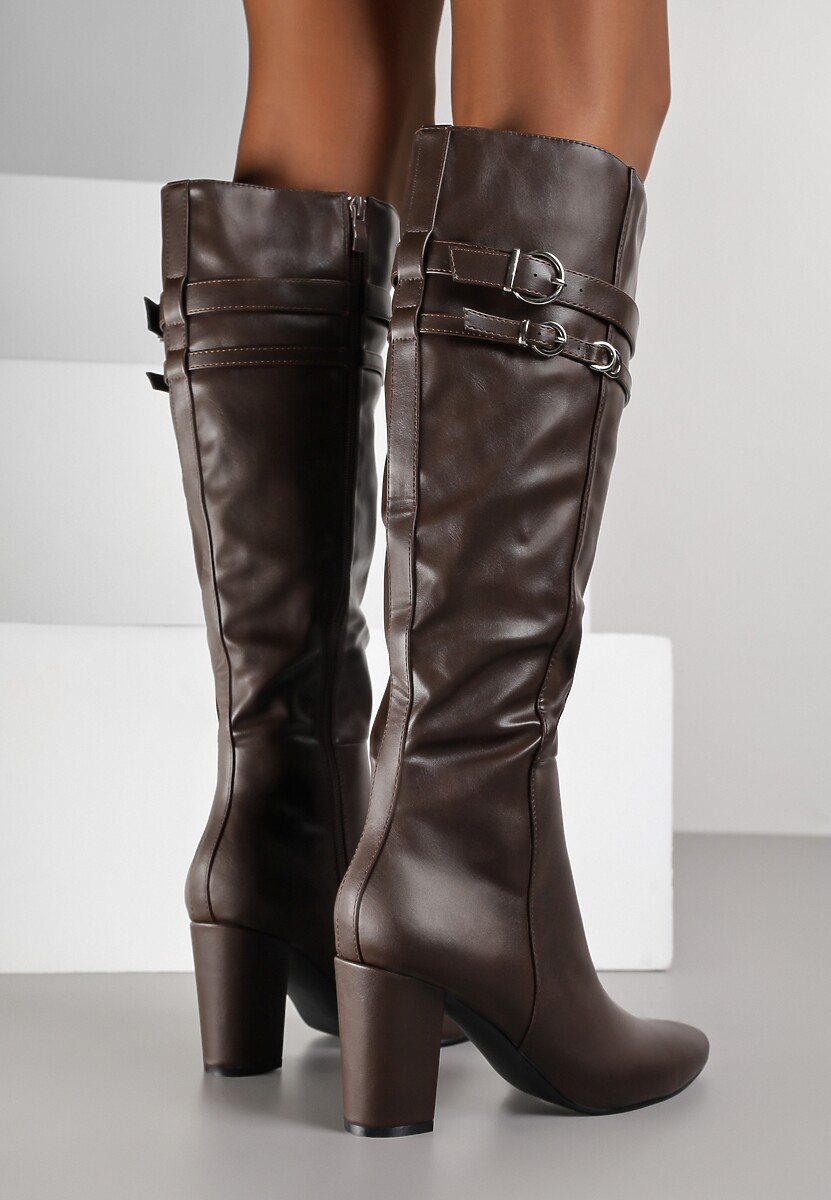 Brązowe Kozaki do Kolan na Słupkowym Obcasie ze Sprzączkami na Paskach Miobela