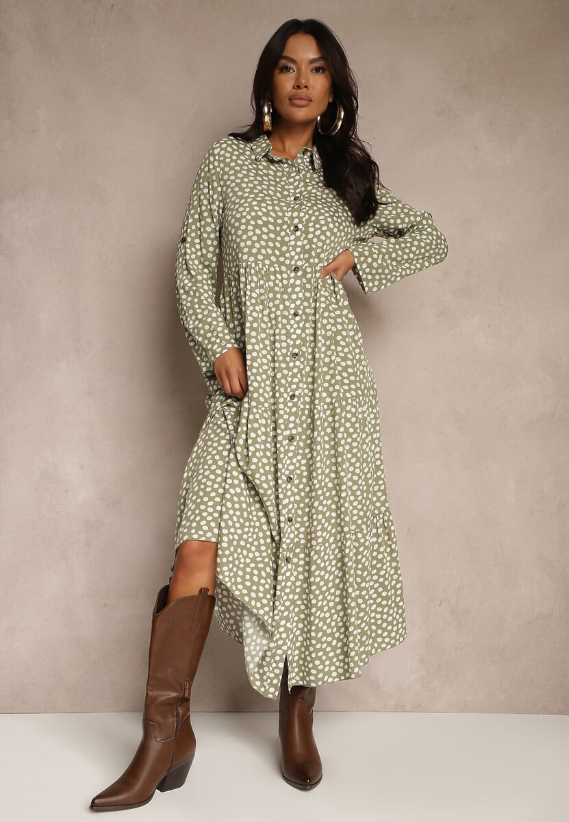 Jasnoniebieska Maxi Sukienka z Bawełny w Kropki o Koszulowym Kroju z Rozkloszowanym Dołem Feriti