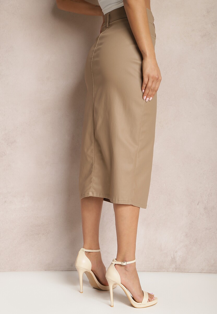 Ciemnobeżowa Spódnica z Ekoskóry High Waist z Rozcięciem i Napami z Przodu Asttia