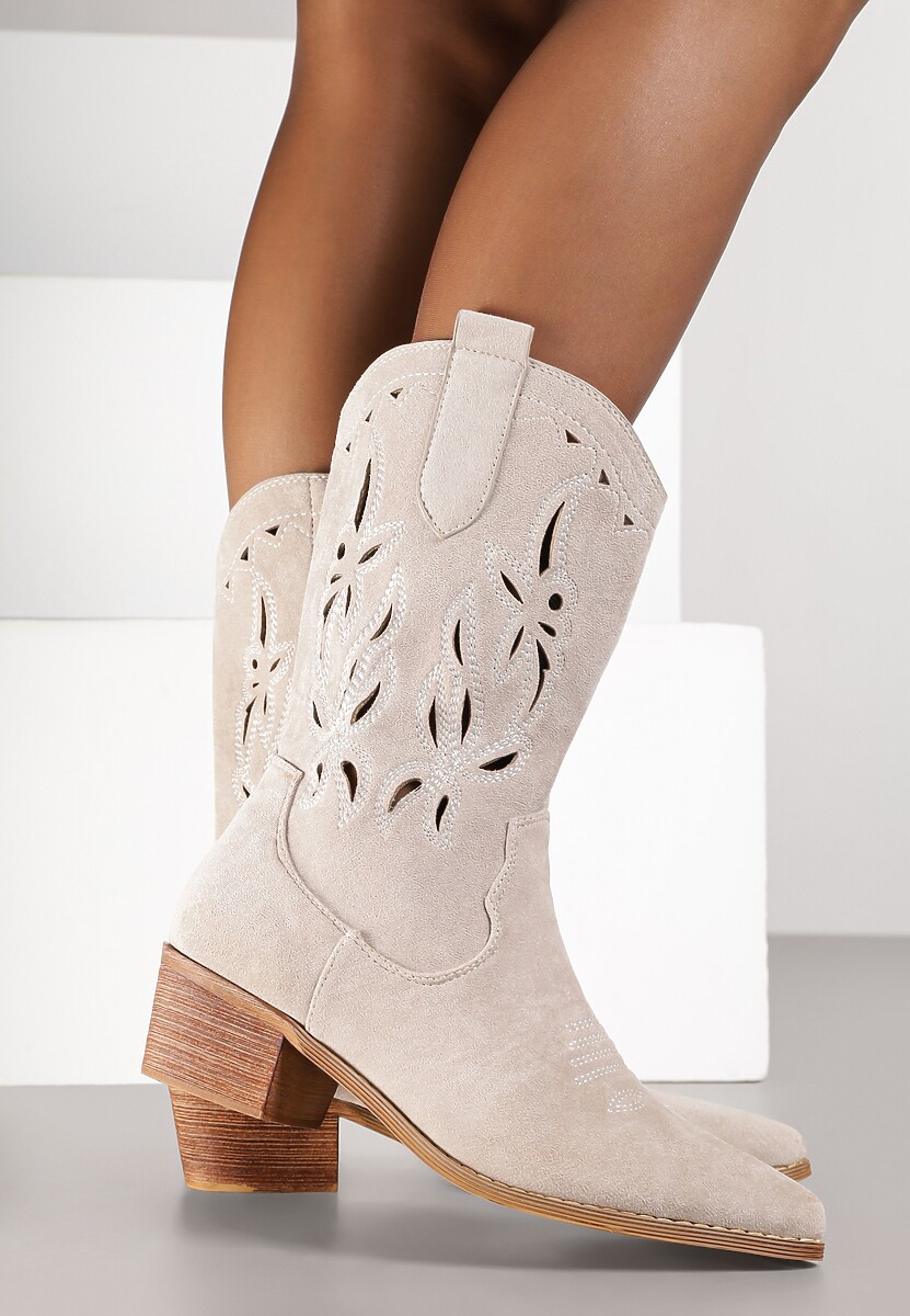 Jasnobeżowe Botki Vices na Słupku Kowbojki z Ażurową Cholewką Rivori