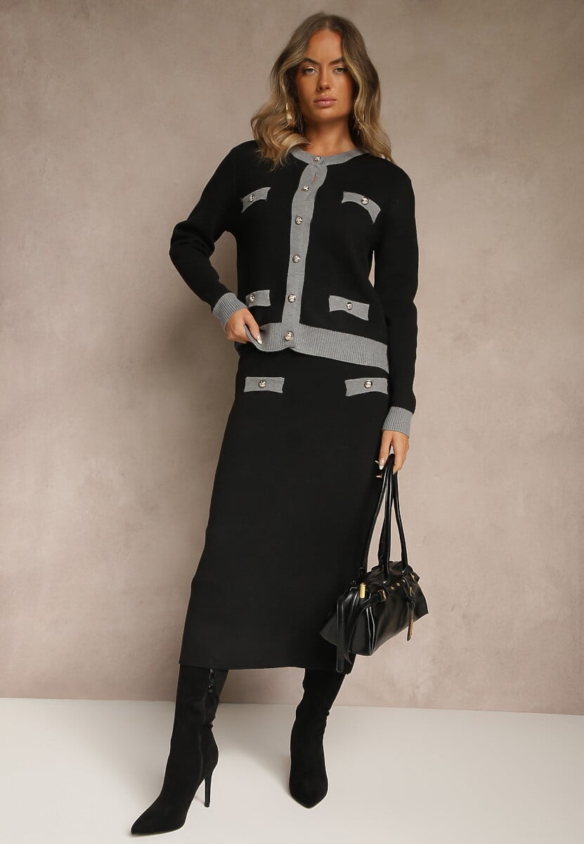 Szary Sweterkowy Komplet z Dzianiny z Bawełną Kardigan i Spódnica Derrive