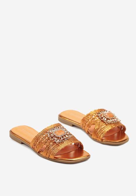 Pomarańczowe Klapki z Imitacji Skóry z Paskiem Ozdobionym Kamieniami Allmina