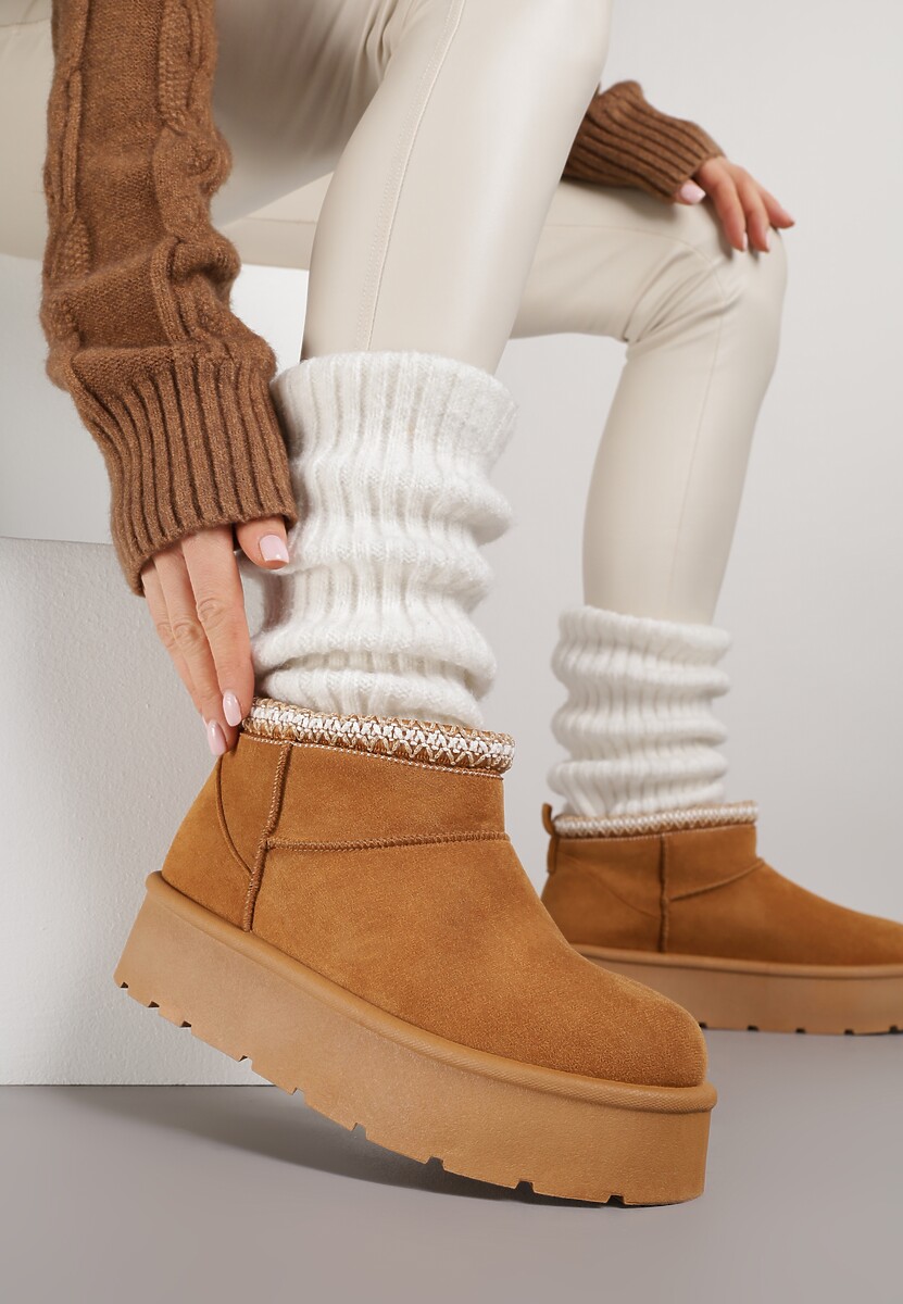 Brązowe Śniegowce na Platformie z Haftem przy Cholewce Sewnera