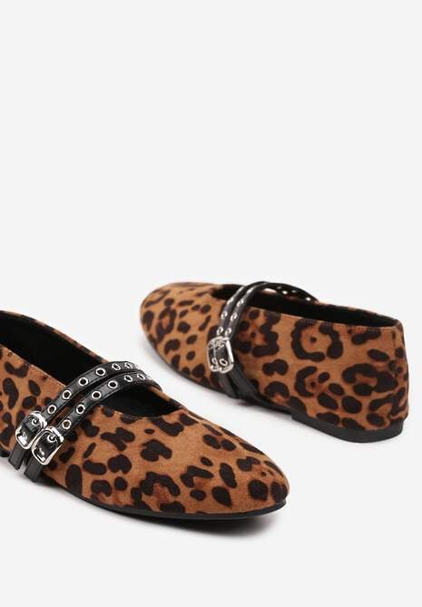 Panterkowe Balerinki z Tweedowym Akcentem i Dwiem Sprzączkami Gavirna