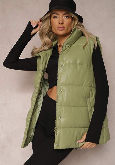 Zielona Kamizelka Pikowana z Wiązanym Paskiem z Ekoskóry Sotochus