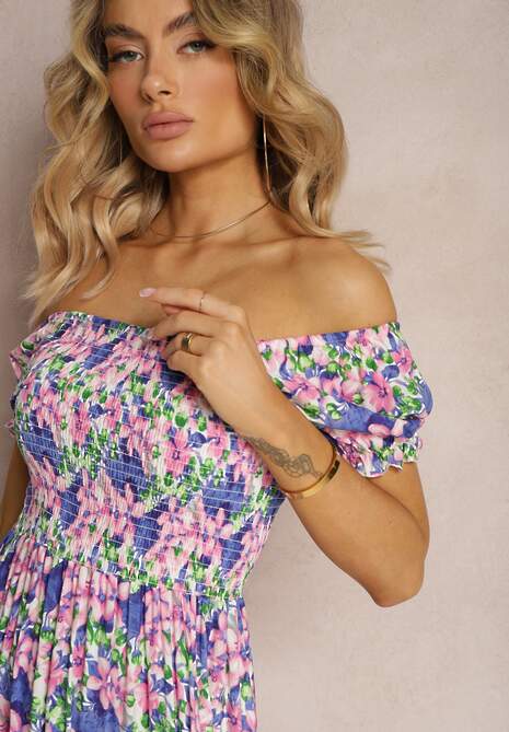 Fioletowo-Zielona Hiszpanka Sukienka o Rozkloszowanym Kroju i Gumkami przy Dekolcie Kaseria