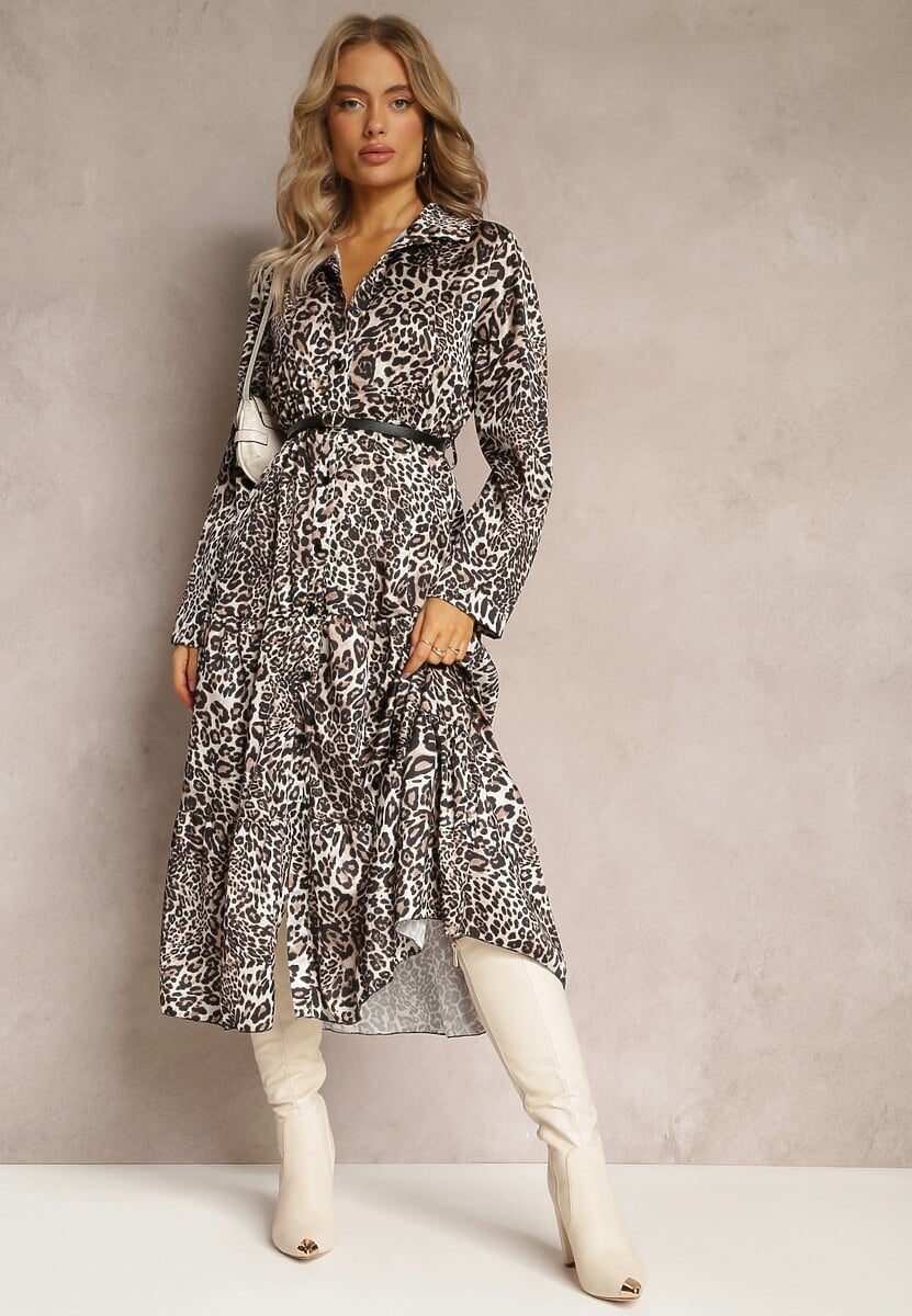 Beżowo-Brązowa Sukienka w Panterkę z Paskiem Antibrote