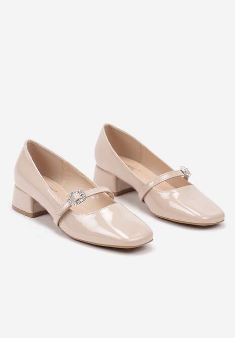 Beżowe Czółenka Lakierowane na Słupku ze Sprzączką i Cyrkoniami Arcebia