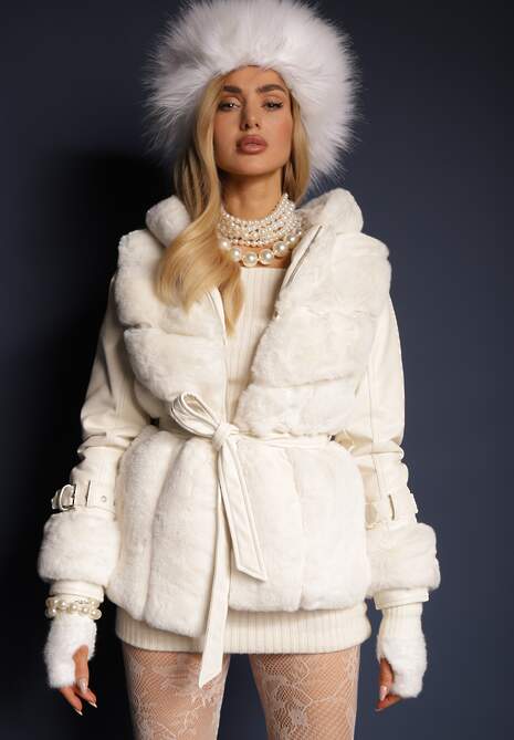 Beżowa Kurtka Futerko z Ekoskórzanymi Rękawami z Klamrami Kapturem i Wiązanym Paskiem Mesizelle