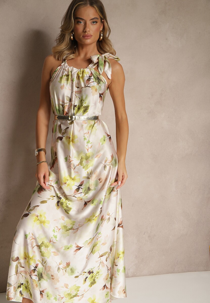 Zielona Sukienka z Satyny w Kwiatowy Wzór Fenimea