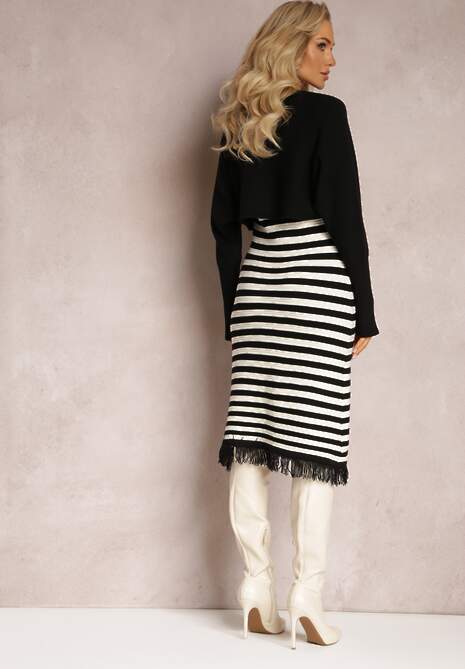 Czarny Komplet 2-Częściowy Sukienka w Paski i Kardigan Krótki na Guziki Orivela