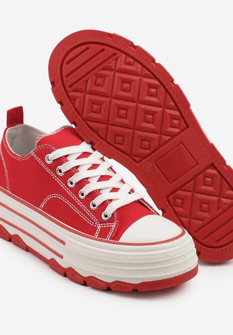 Czerwone Trampki na Platformie z Paskami i Niską Cholewką Zienelle