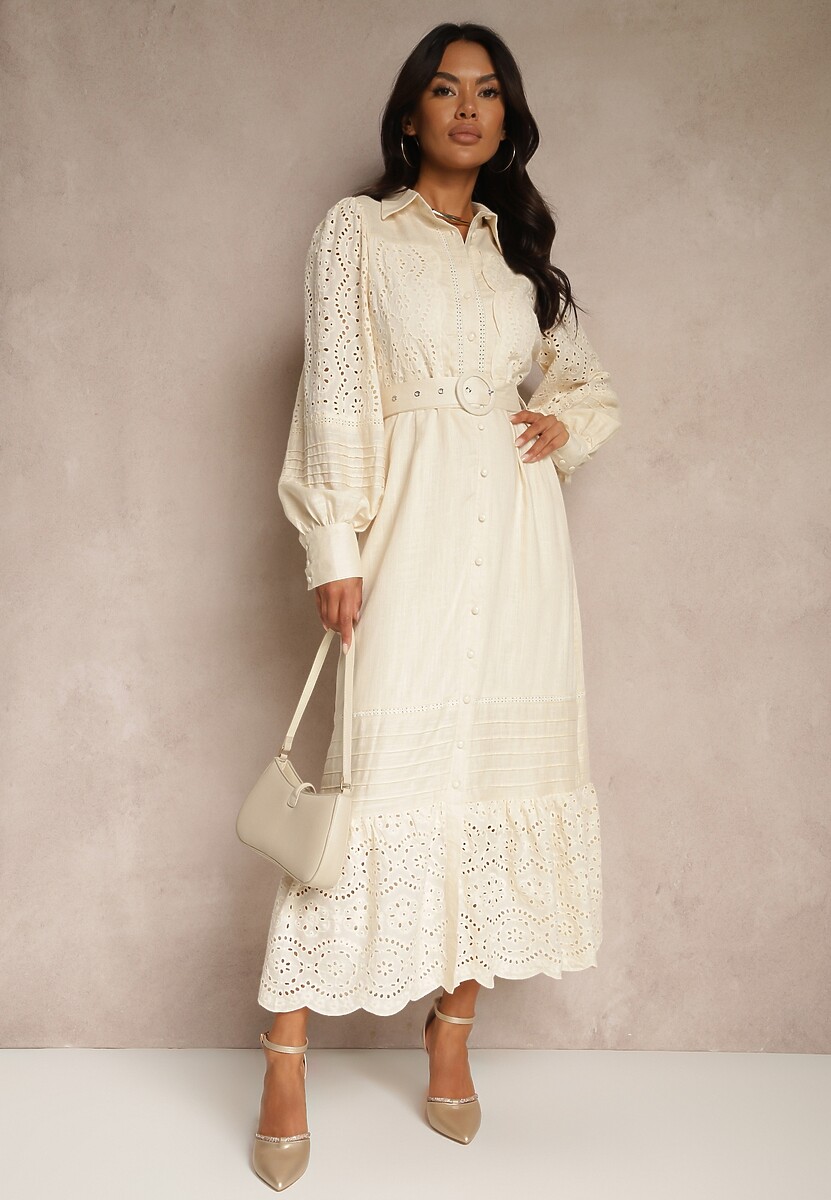 Beżowa Ażurowa Sukienka Koszulowa z Paskiem z Lnu i Wiskozy Arinemes