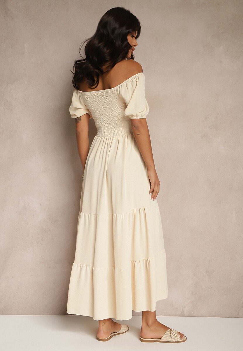 Jasnobeżowa Sukienka Hiszpanka z Marszczoną Górą Lumirielle