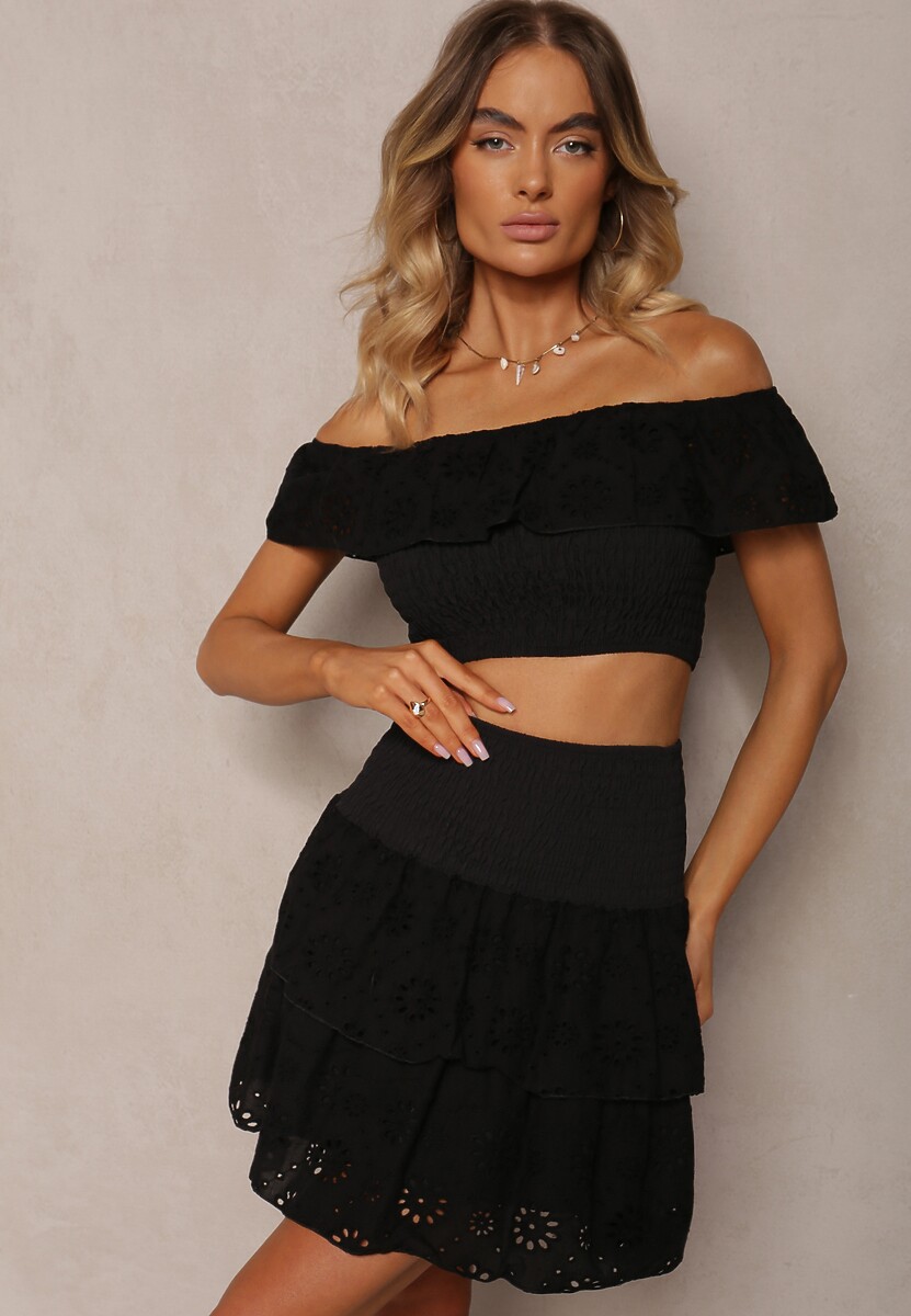 Biały Bawełniany Komplet 2-Częściowy Ażurowy Top Typu Hiszpanka Spódnica z Gumką w Talii Mavima