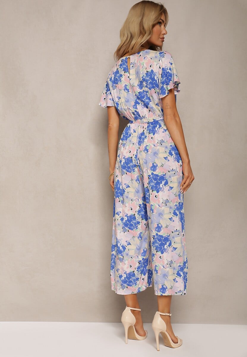 Niebiesko-Biały Wiskozowy Kombinezon z Dekoltem w Serek i Gumką w Talii Luolla