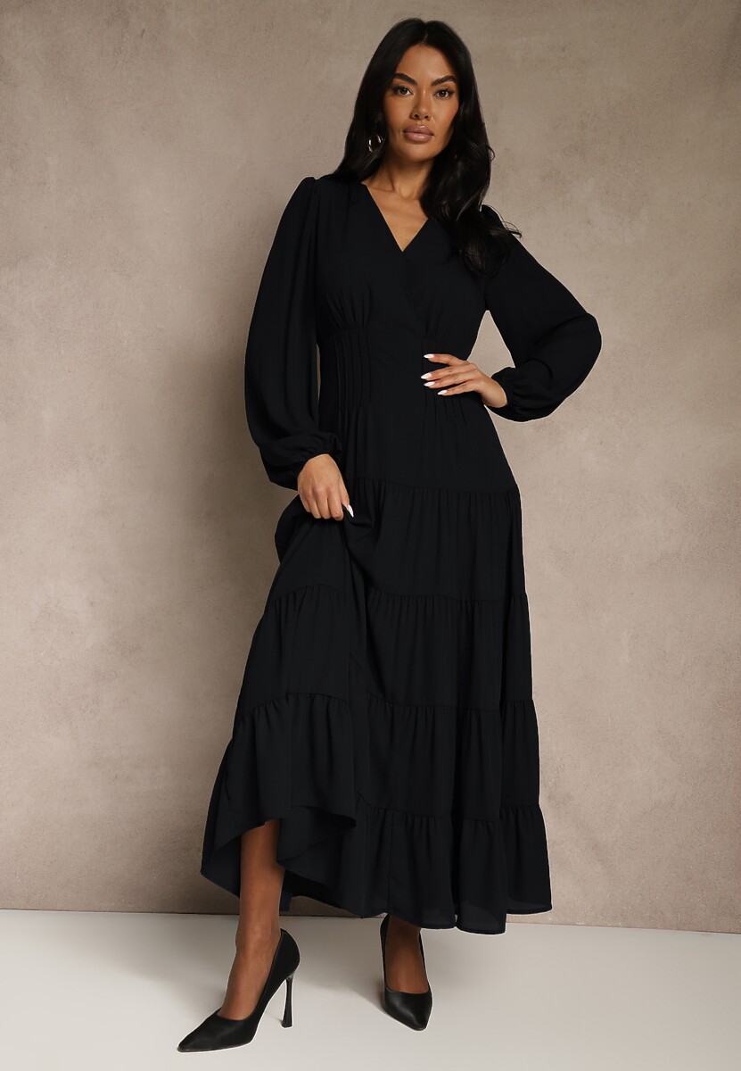 Czarna Kopertowa Sukienka Vices o Rozkloszowanym Kroju Resvima