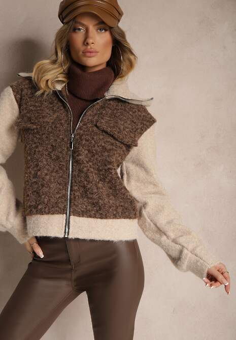 Brązowa Przejściowa Kurtka Boucle z Wysokim Kołnierzem i Imitacją Kieszeni Lilarra