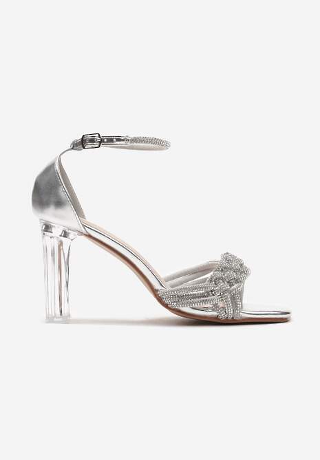 Srebrne Sandały z Ekoskóry na Transparentnym Słupku Zdobione Cyrkoniami ze Sprzączką Lotesa