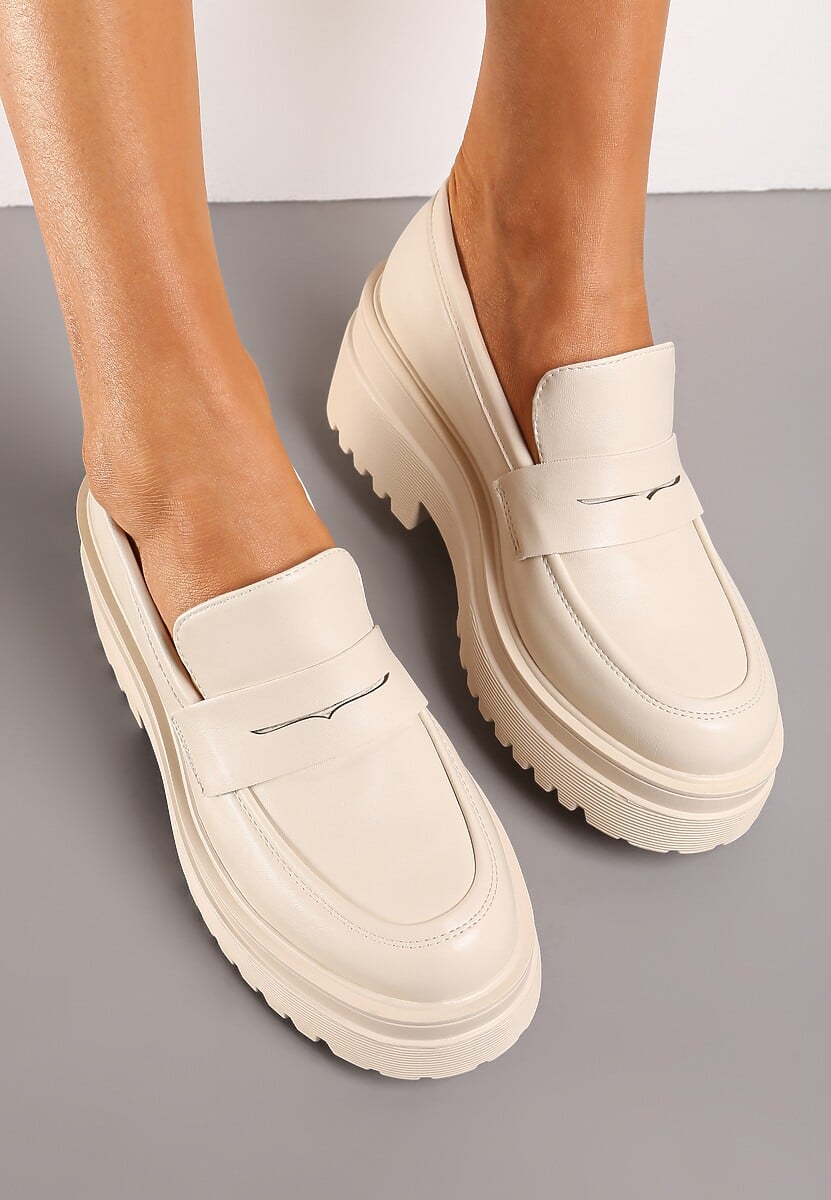 Beżowe Mokasyny na Żłobionej Platformie z Paskiem z Wycięciem Sacreva
