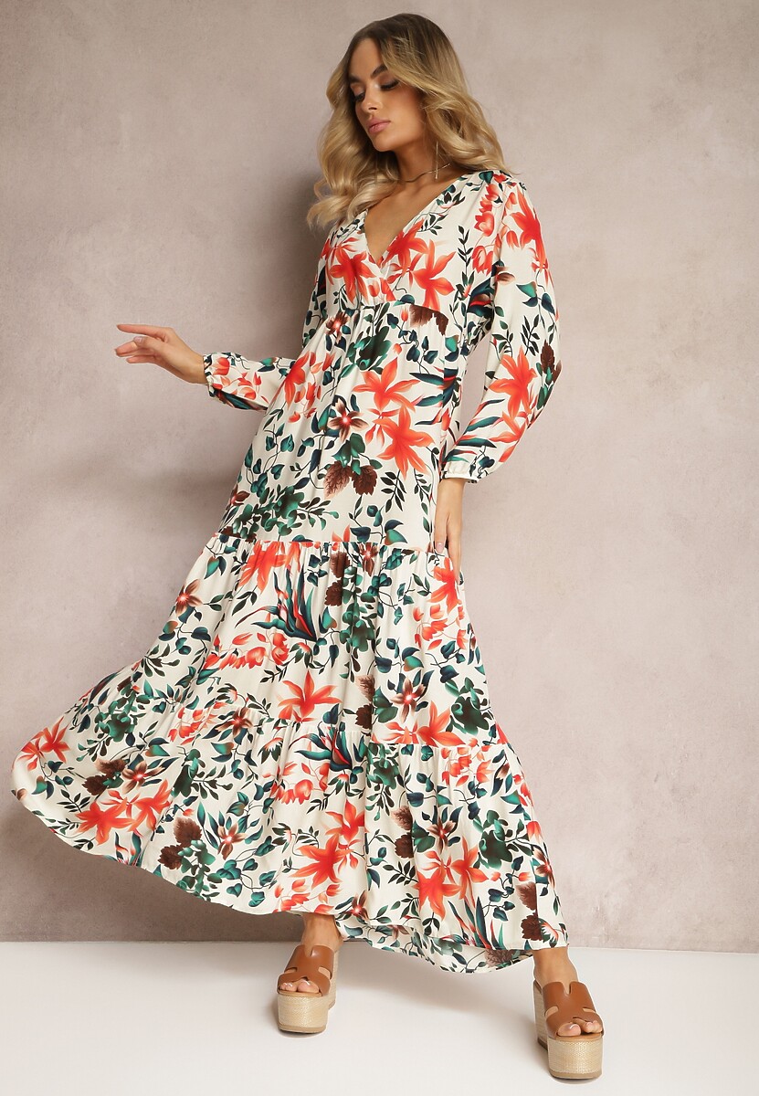 Beżowo-Zielona  Rozkloszowana Sukienka z Wiskozy z Falbanką Orinesa