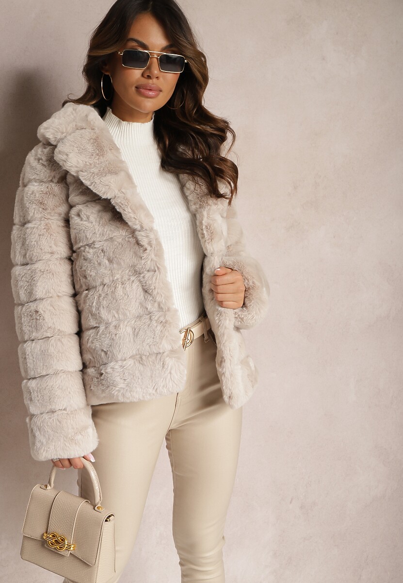 Beżowa Futrzana Kurtka z Wywiniętym Kołnierzem Snaline