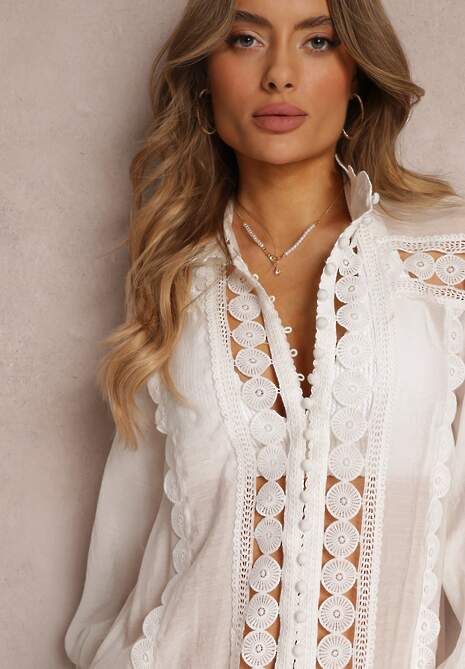 Biała Koronkowa Tunika Pudełkowa z Falbaną Nawal