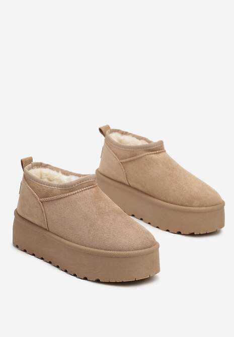 Ciemnobeżowe Śniegowce z Krótką Cholewką na Grubej Podeszwie Werilie