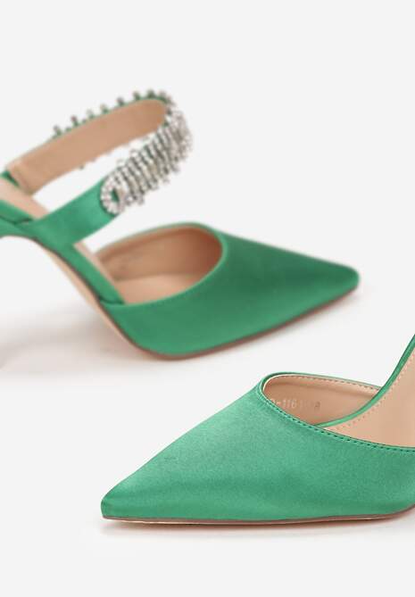 Zielone Klapki na Szpilce z Paskiem z Cyrkoniami Camree