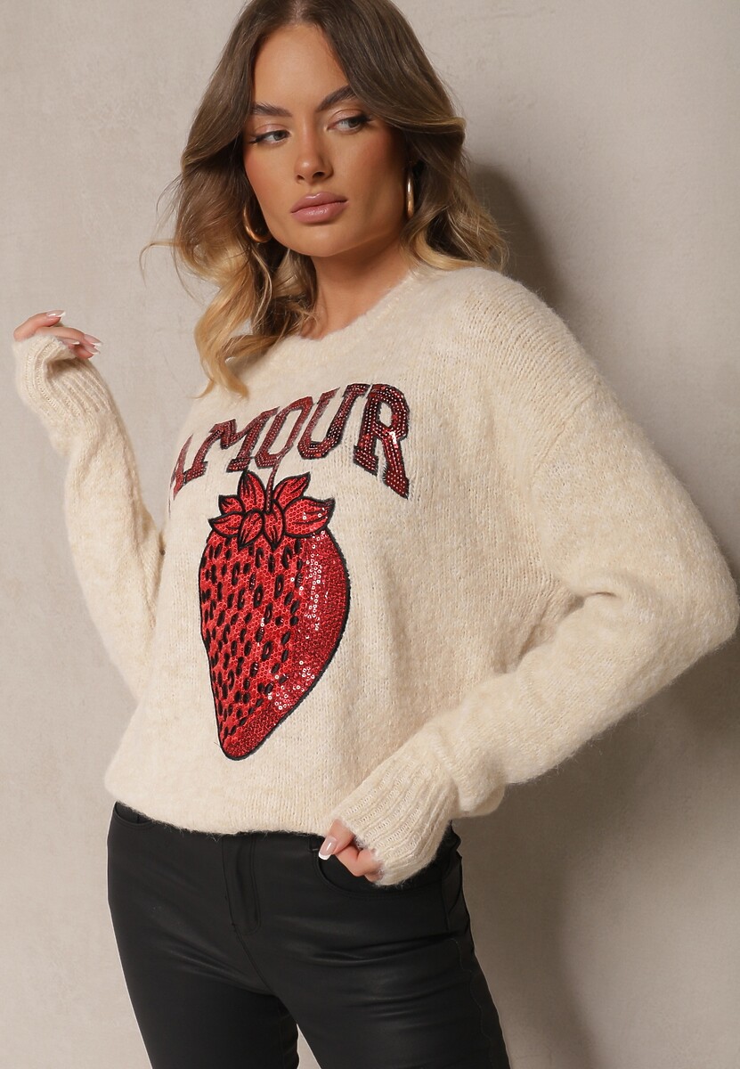 Szary Sweter z Dodatkiem Wełny Ozdobiony Naszywką Truskawką i Napisem Zozizelle