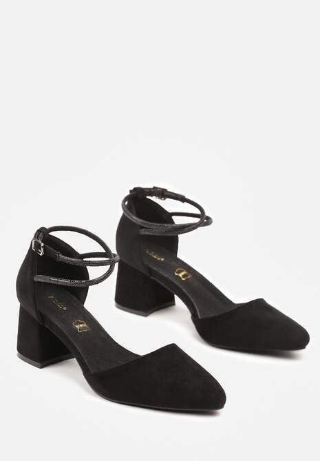 Czarne Czółenka Vices na Słupku z Wkładką ze Skóry Naturalnej i Paskami z Cyrkoniami Riastella