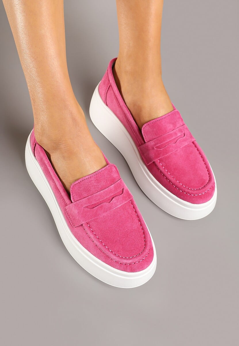 Fuksjowe Półbuty w Stylu Mokasynów na Platformie ze Skóry Naturalnej Nilovira