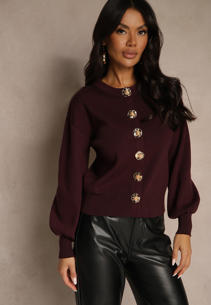 Bordowy Kardigan z Wiskozą Zdobiony Eleganckimi Napami i Bufiastymi Rękawami Acannte
