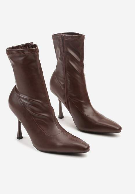 Brązowe Botki Vices na Szpilce z Dopasowaną Cholewką Adonella