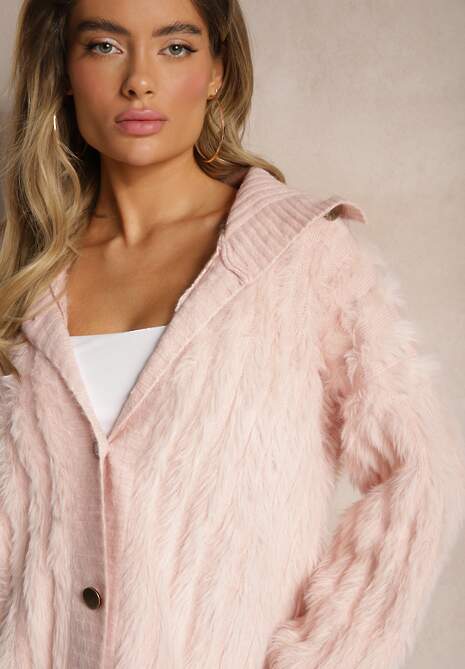 Różowy Kardigan Puchaty z Dodatkiem Bawełny i Golfem Ozdobiony Guzikami Mevalinda