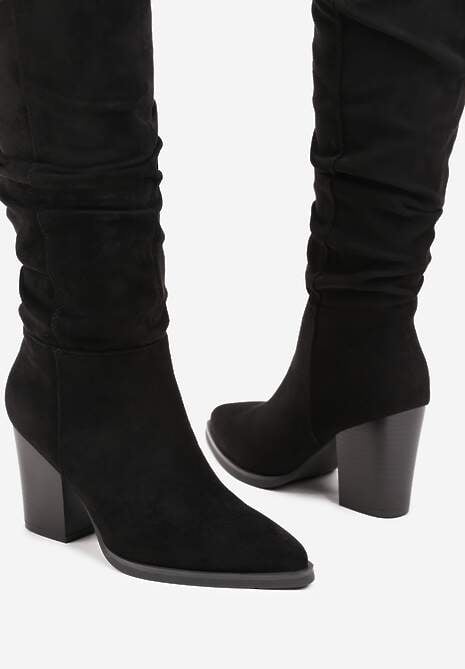 Czarne Kozaki z Ekozamszu na Obcasie Typu Słupek z Marszczeniem przy Cholewce Railaria