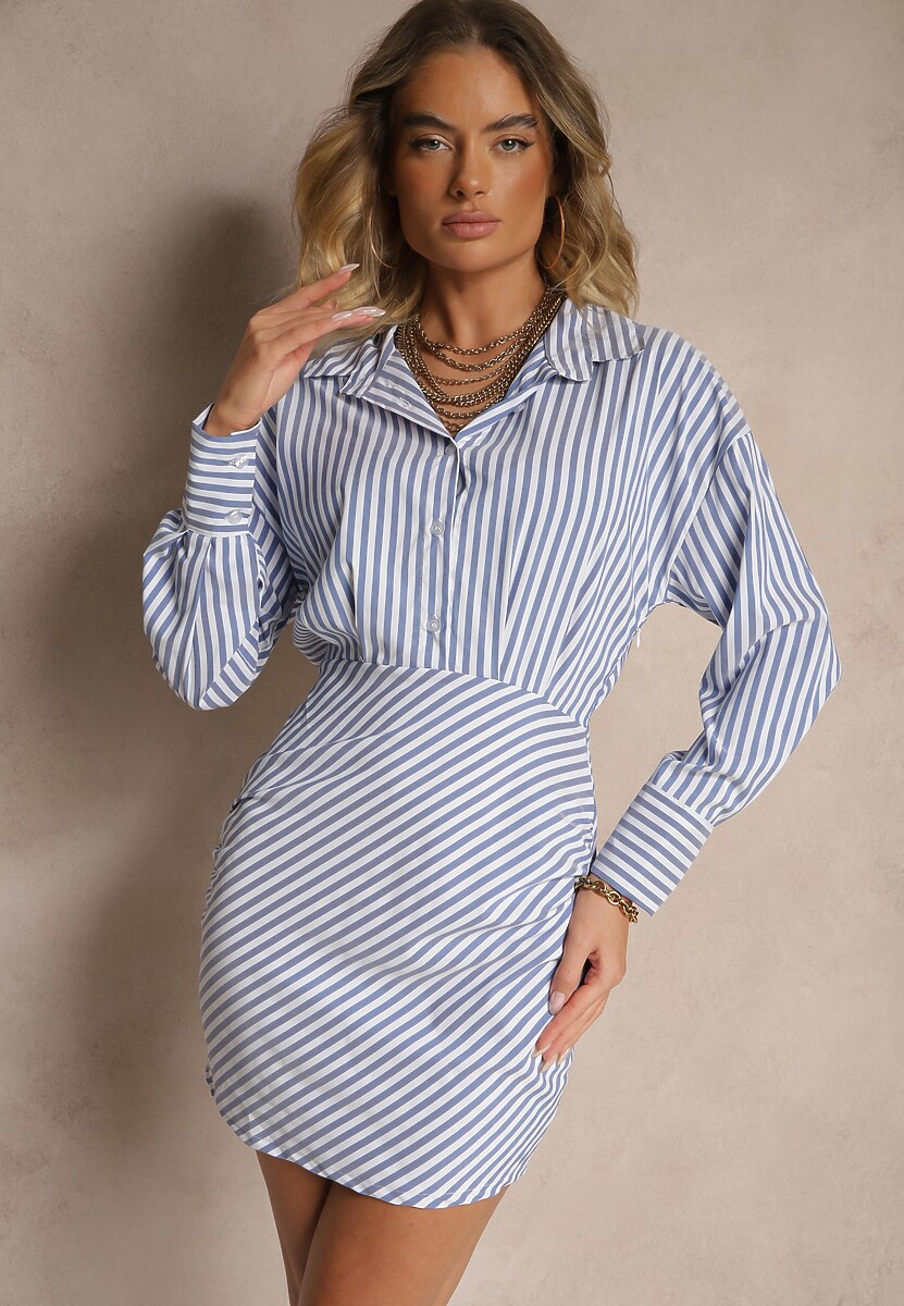 Jasnoniebieska Dopasowana Sukienka o Koszulowym Kroju w Prążki Mevistra